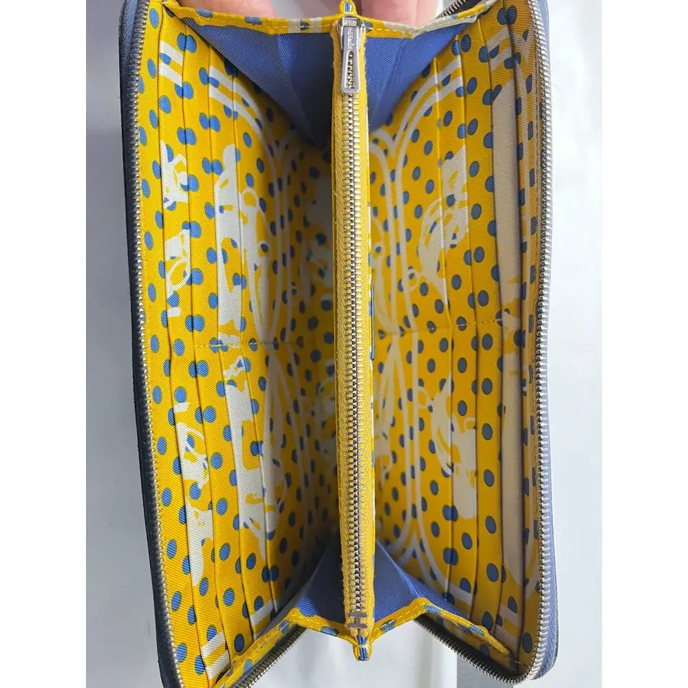 Hermès Blue Epsom Leather Silk In Long Zip Wallet Yellow Interior - Picture 14 of 16
